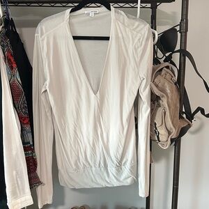 James Perse White Deep V-Neck Long Sleeve Top